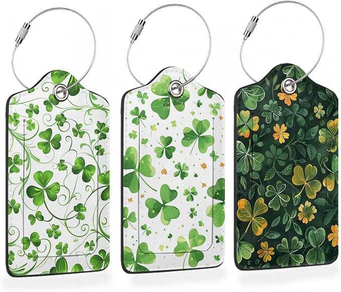 St. Patrick’s Day 3 PCS Luggage Tags, Lucky Clovers Leather Suitcase Tags by Losthll