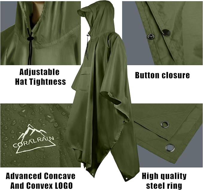 Coralrain Hooded Rain Poncho Lightweight Waterproof Unisex Raincoat Jacket - Image 3