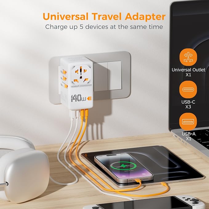TESSAN Universal Travel Adapter 140W GaN, International Plug Adaptor - Image 4