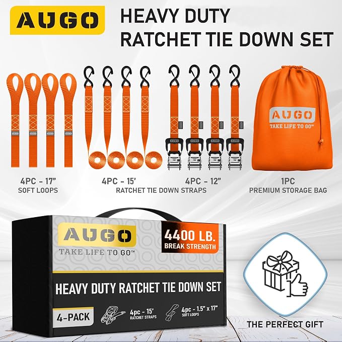 AUGO Heavy Duty Ratchet Straps & Soft Loops – Pack of 4 Extra Strong 1.5” by - Image 4