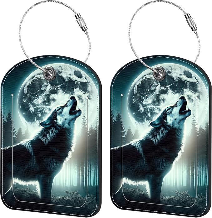 2 Pack Cute Luggage Tag for Suitcases Howling Wolf Leather Luggage Tags by iapodiad
