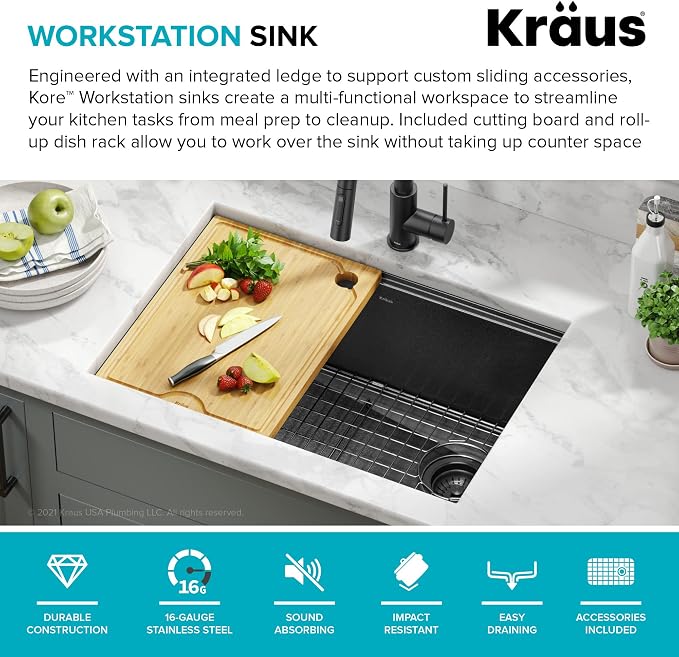 KRAUS Kore Workstation 27-inch Undermount 16 Gauge Black Stainless Kitchen Sink - Image 2
