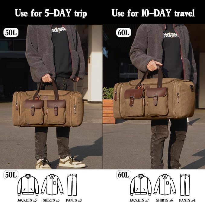 Canvas Duffle Bag for Men 60L Travel Duffel Bags Expandable Genuine Leather - Image 6