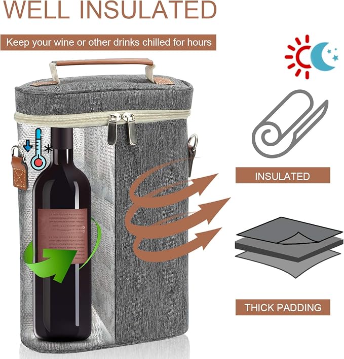 ZORMY 2 Bottle Insulated Wine Tote Bag, Wine Carrier Travel Padded Cooler Bag - Image 2