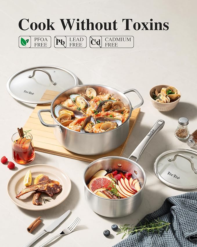 Stainless Steel Cookware Set, Tir-Ply Pots and Pans Set, PFOA Free, Frying Pans - Image 2