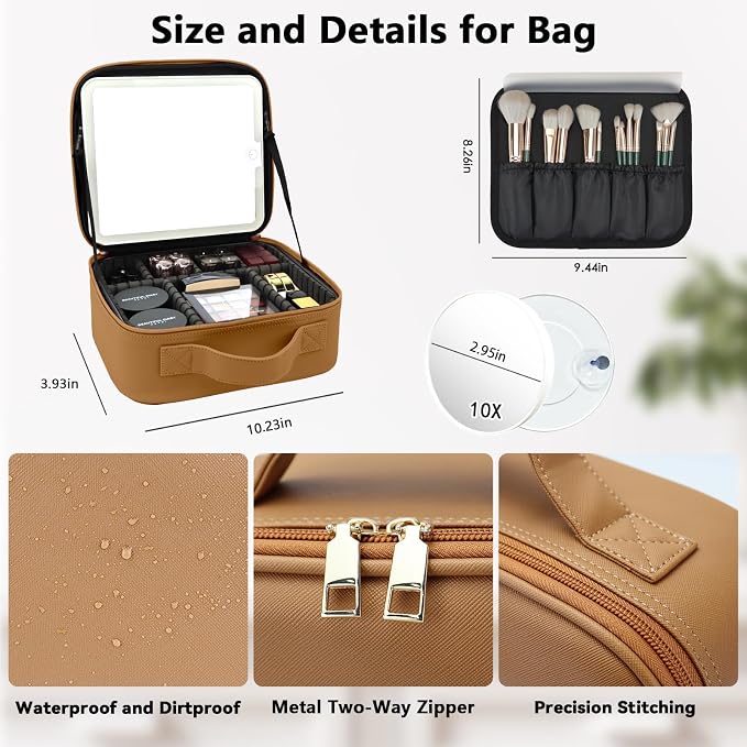 Travel Makeup Bag with LED Mirror and 10x magnifying glass with 3 Lighted - Image 5
