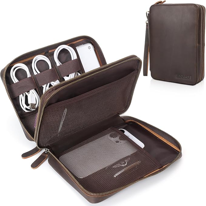 Polare Full Grain Leather Travel Cable Organizer Case Double Layer Electronics by polareoriginal