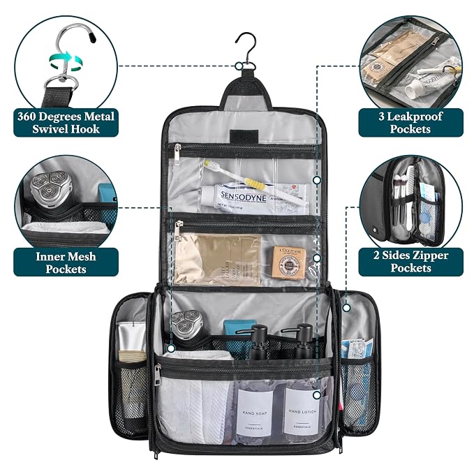 PAVILIA Large Hanging Toiletry Bag Travel Bag Women Men, Cosmetic Organizer - Image 3