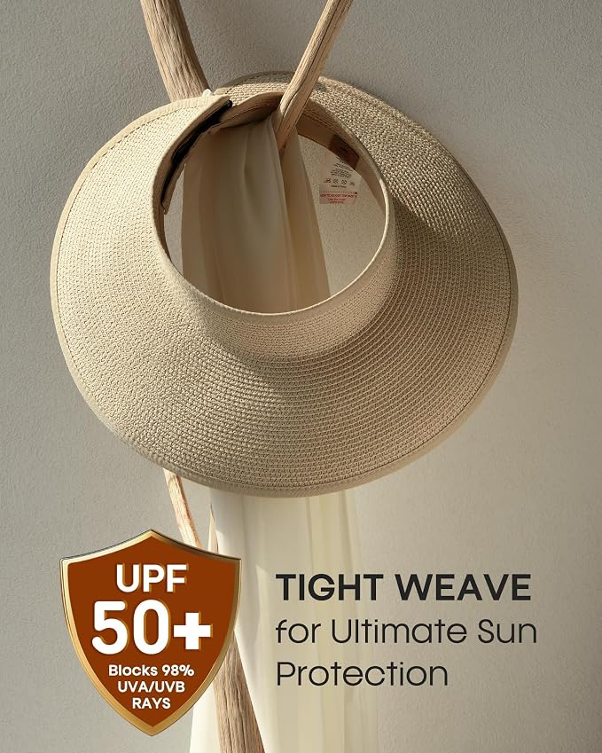 Womens Sun Visor Hats Wide Brim Straw Beach Hat UV Protection Ponytail Packable - Image 4