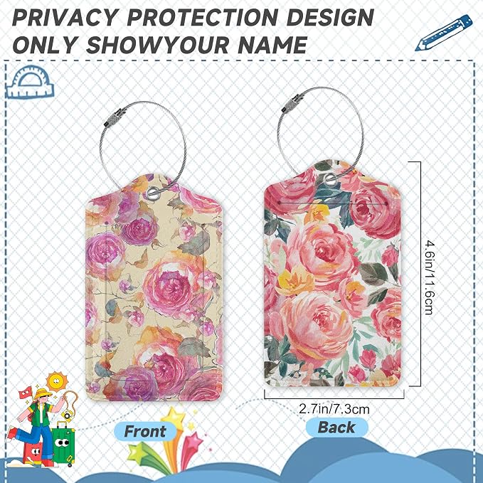 2 Pack Luggage Tag for Suitcase, Retro Flower Rose Leather Suitcase Tags - Image 2