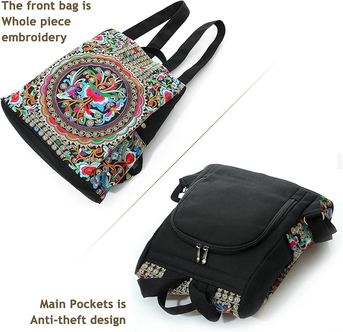 Jursccu Embroidered Women Backpack Purse, Fashion Canvas Travel Anti-theft - Image 3