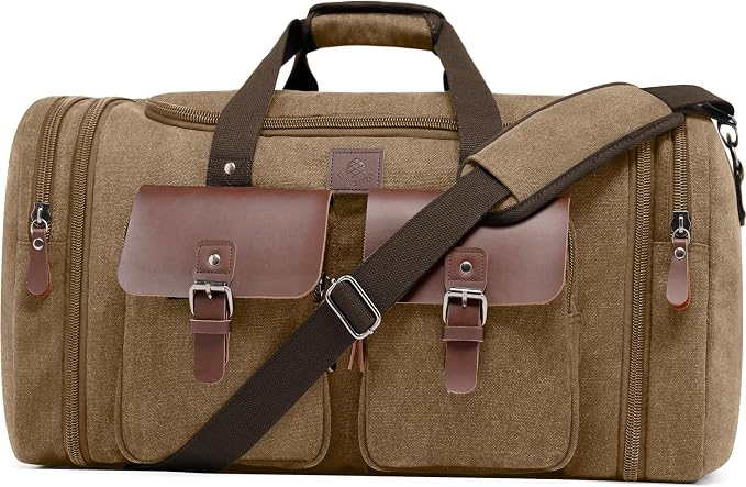 Canvas Duffle Bag for Men 60L Travel Duffel Bags Expandable Genuine Leather by DensataTravelBag