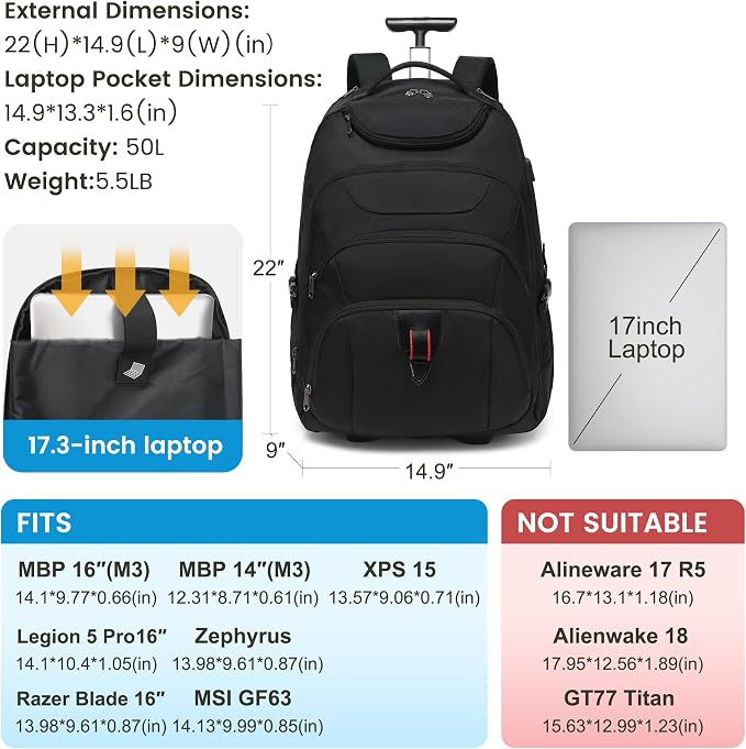 Boavan Wheeled Backpack, 18.4 inch Water Resistant Rolling Backpack, Carry on - Image 2