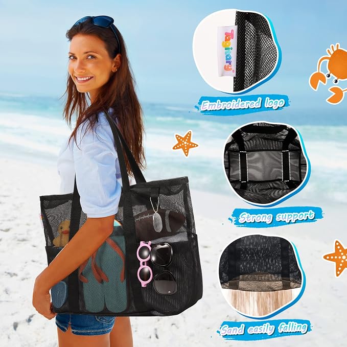 Tagitary Mesh Beach Bag with Zipper Large Beach Tote Waterproof Sandproof with - Image 4