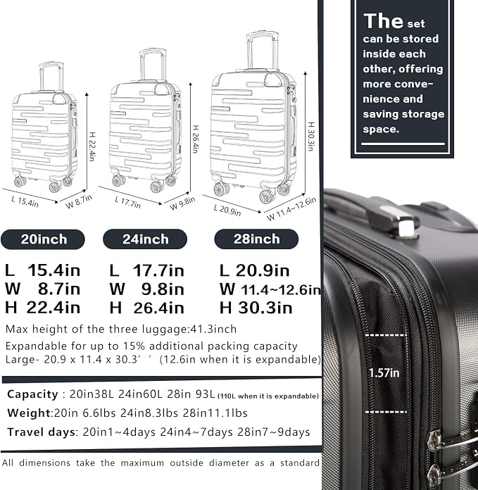 Coolife Luggage Expandable Suitcase 3 Piece Set - Image 7