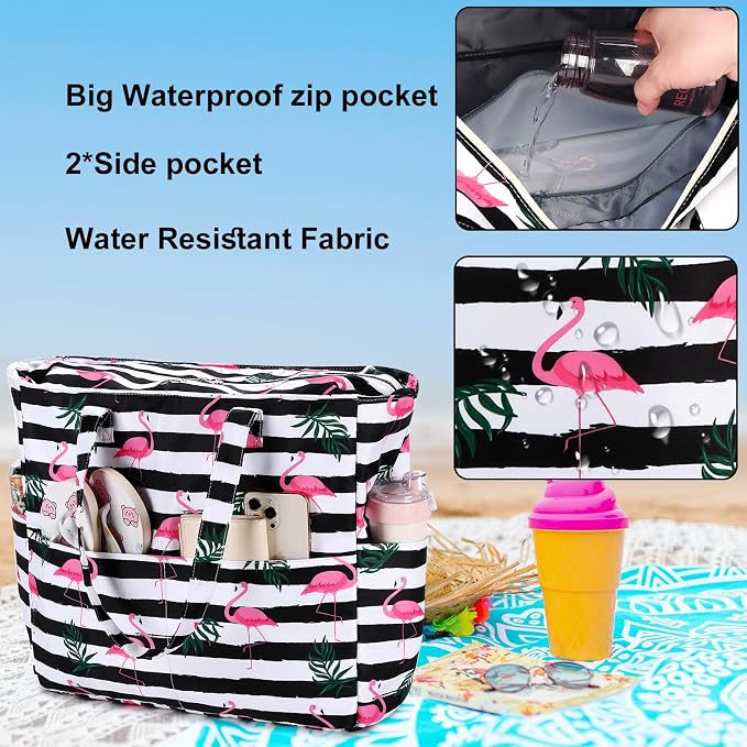 LEDAOU Large Beach Tote Bag Women Waterproof Sandproof Zipper Beach Tote Bag - Image 8