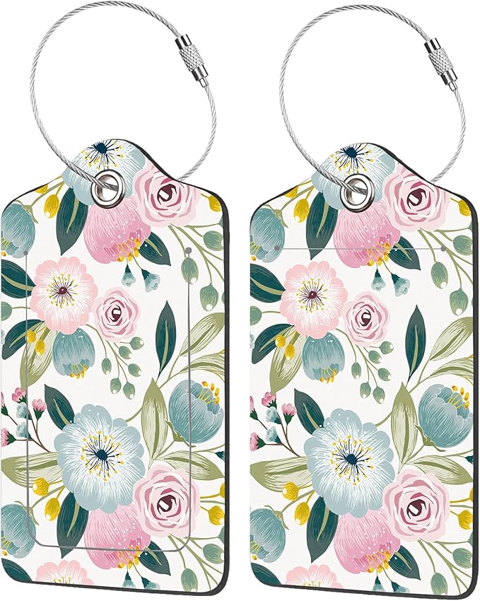 2 Pack Luggage Tag for Suitcase, Lovely Floral PU Leather Suitcase Tags by EOBKLAX