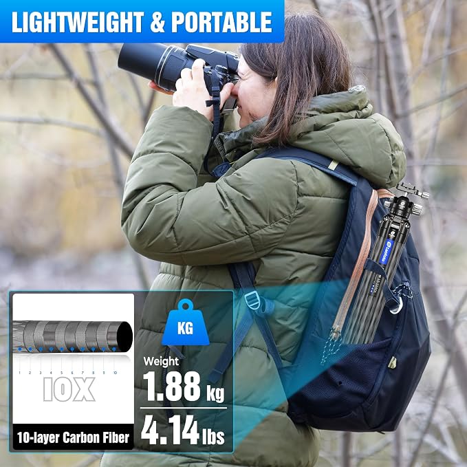 71" Travel Tripod Carbon Fiber for Camera, Compact Lightweight Tripod - Image 4