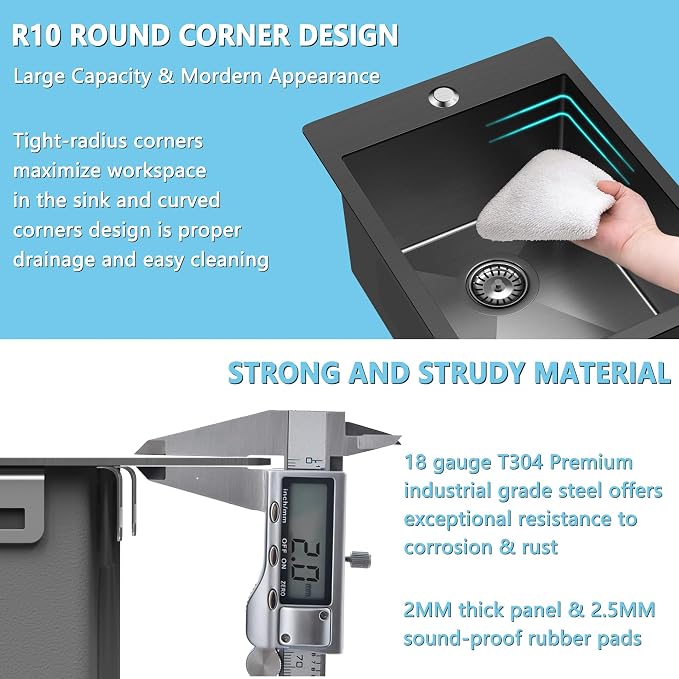 15x20 Drop In Bar Sink Black, 15 Inch Gunmetal Black Wet Bar Sink 18 Gauge - Image 4