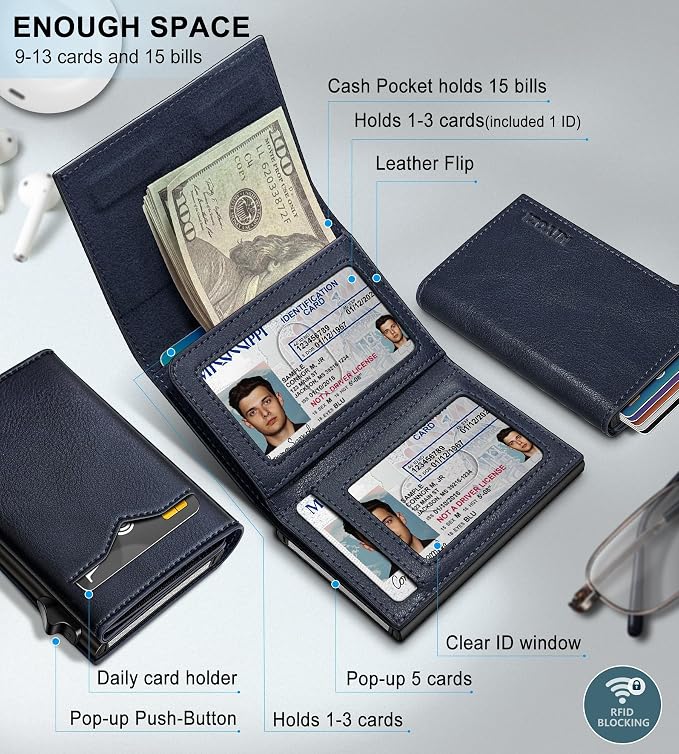 Wallet for Men, with Cash Pocket 2 ID Window 9-13 Cards, Metal Case Smart Slim - Image 2