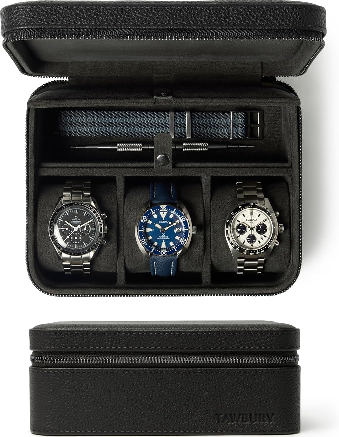 TAWBURY 3 Slot Watch Case Plus Storage – Luxury Leather Watch Travel Case by TAWBURY