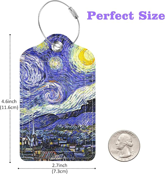 2 Pack Luggage Tags for Suitcase The Starry Night Leather Stainless Steel Loop - Image 2