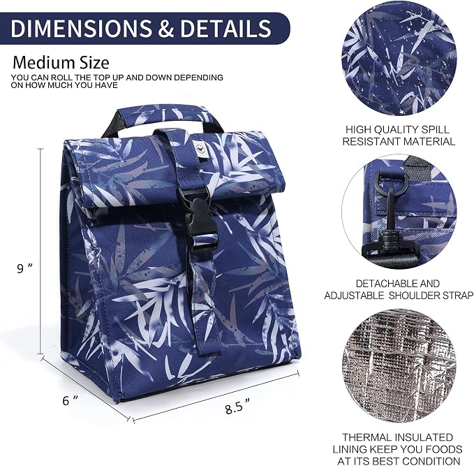SUNNY BIRD Insulated Lunch Bag Rolltop Lunch Box Tote Bag - Image 4