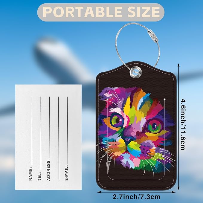 2 Pcs Cute Cat Luggage Tags for Suitcases PU Leather Colorful Art Kitten Animal - Image 2