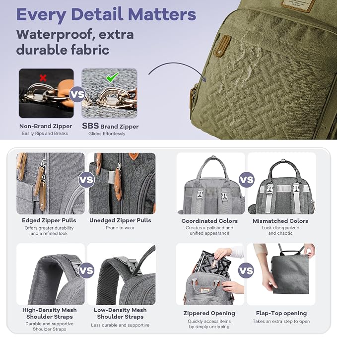 RUVALINO Diaper Bag Backpack, Large Capacity, Waterproof, Olive Green - Image 7