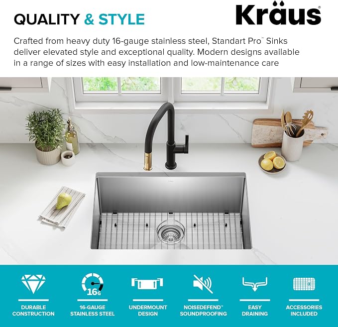 KRAUS Standart PRO 28-inch 16 Gauge Undermount Single Bowl Stainless Steel - Image 4