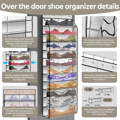 12 Pocket Over the Door Shoe Organizer, Reusable Breathable Large Mesh Bag - Image 2