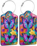 2 Pack Luggage Tag for Suitcase, Groovy Flowers Butterflies Leather Suitcase by TXIANT