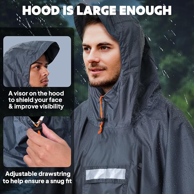ANYOO Hooded Rain Poncho for Adults Waterproof Lightweight Rain Coat for Men - Image 5