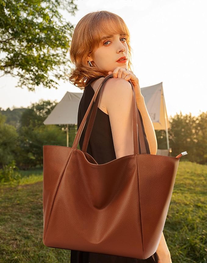KALIDI Large Tote Bag Vegan Leather Casual Zipper Work Bag Weekender Hobo - Image 2