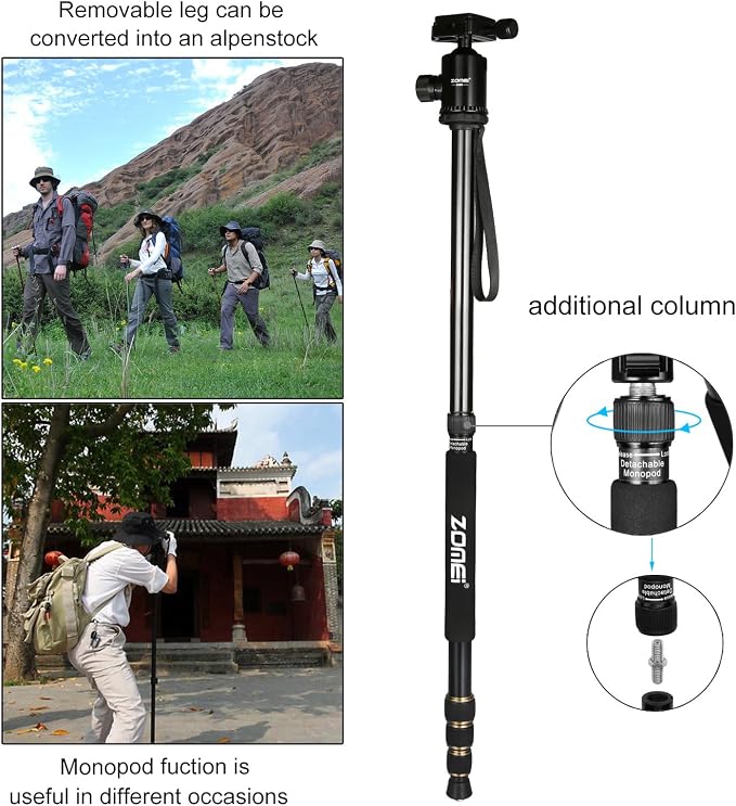 ZOMEI Z688 Travel Camera Tripod Aluminum Alloy Portable Monopod - Image 5