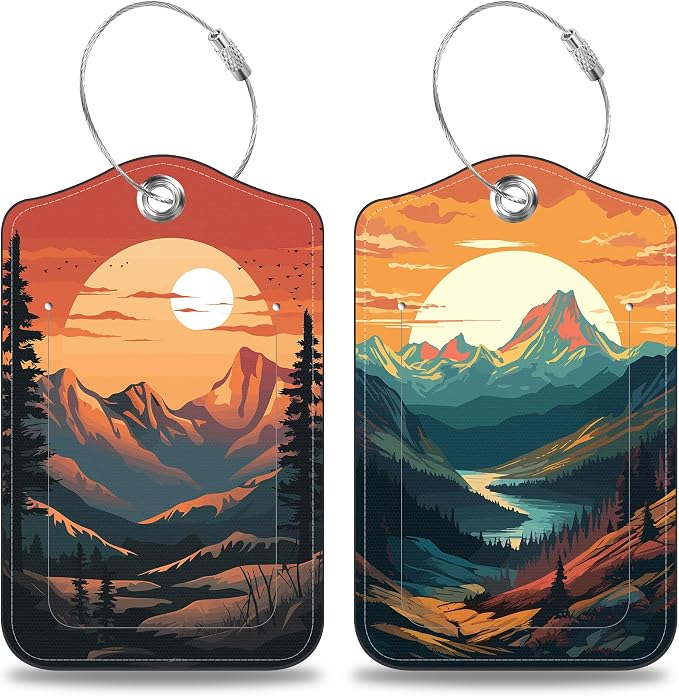 2 Pack Luggage Tags for Suitcases Sunset in The Mountains Leather Luggage Tags by Unknown
