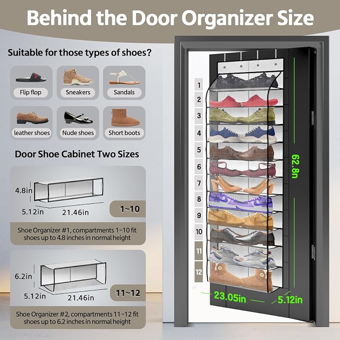 12 Pocket Over the Door Shoe Organizer, Reusable Breathable Large Mesh Bag - Image 3