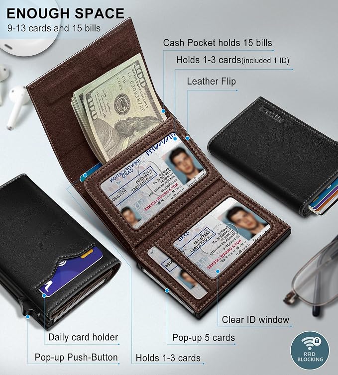 Wallet for Men, with Cash Pocket 2 ID Window 9-13 Cards, Metal Case Smart Slim - Image 2