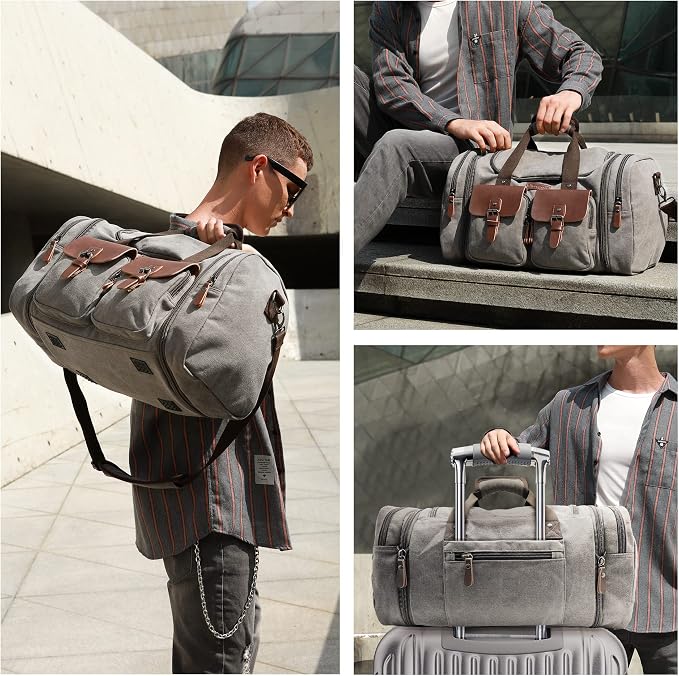 Wildroad 50L Travel Duffel Bag, Expandable Canvas Genuine Leather Duffle Bag - Image 3