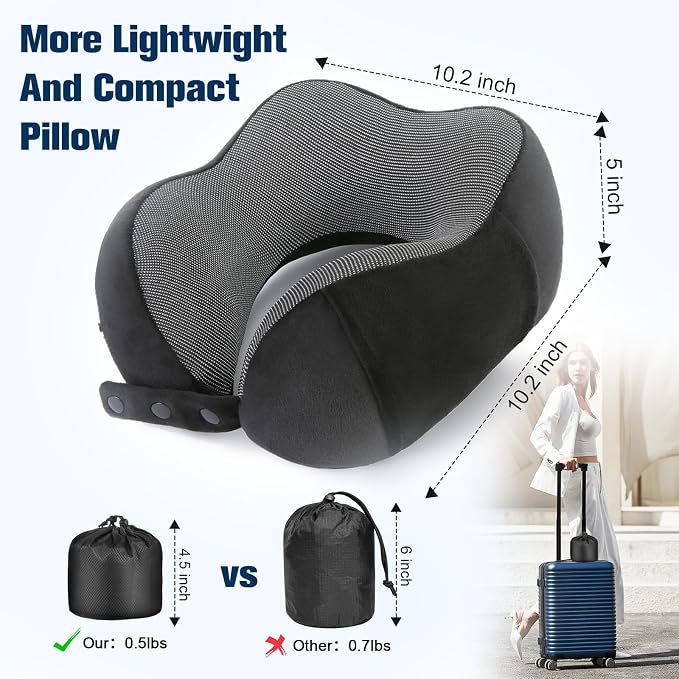 Neck Pillow for Traveling, Travel Pillows for Airplanes, 100% Pure Memory Foam - Image 3