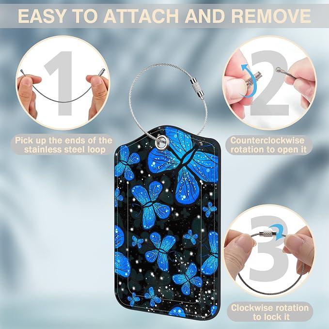 2 Pack Luggage Tags for Suitcases Blue Butterfly Leather Luggage Tags Privacy - Image 4