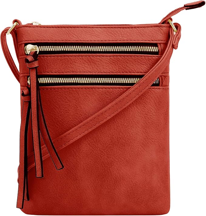 DELUXITY | Red Crossbody Bag | Women's Fashion Multi-Pocket Double Zipper Purse by Deluxity