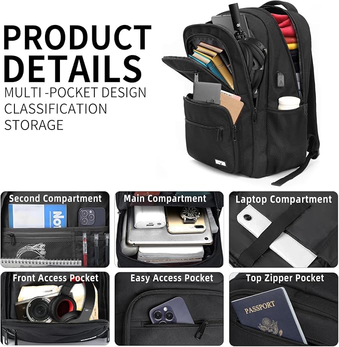 Black Backpack for Men Women, 15.6 inch Laptop Backpack for School, School - Image 2