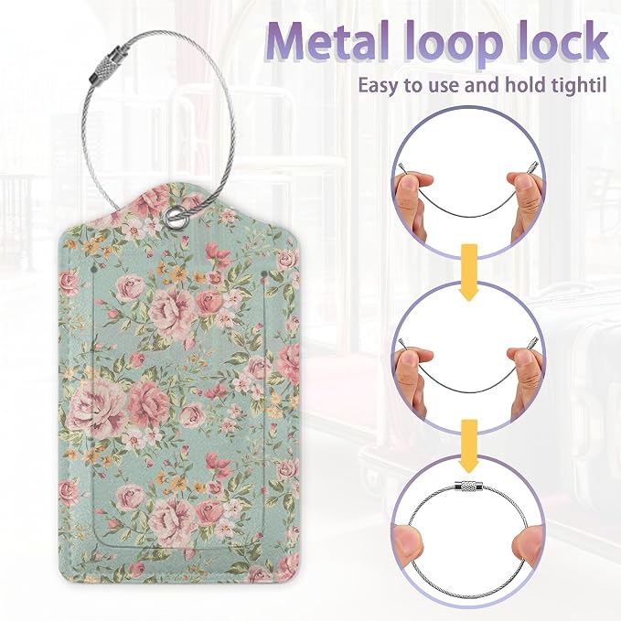 2Pcs Luggage Tag for Suitcase Vintage Floral Shabby Chic Pink Rose Cute - Image 4
