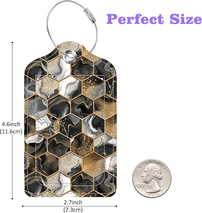 Gold Ink Hexagon Texture Luggage Tags 2PCS PU Leather Suitcases Tag - Image 2