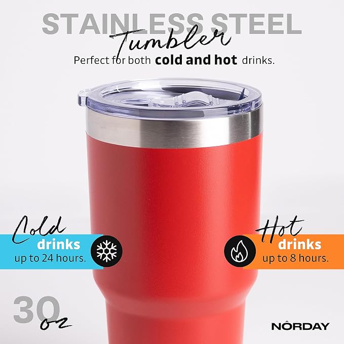 NORDAY | Tumbler with Lid - 30oz - Red Insulated Tumbler - Stainless Steel - Image 3