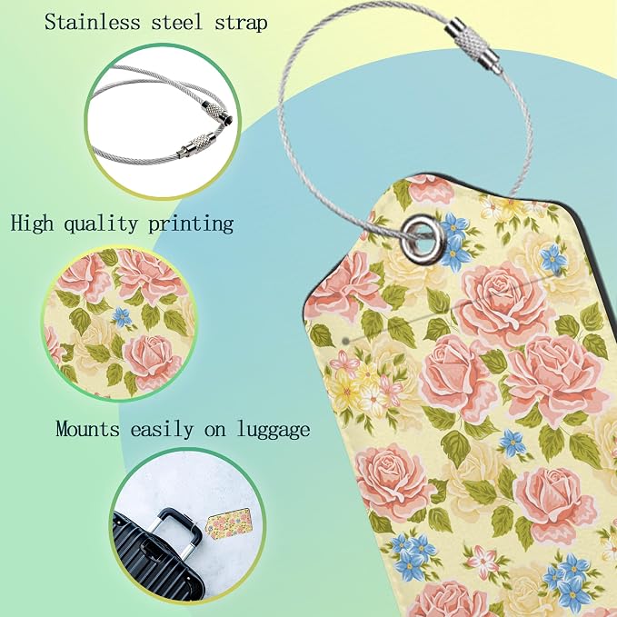 Pink Rose Luggage Tag, Flowers Retro Luggage Tags of Set 2 Leather Identifiers - Image 4