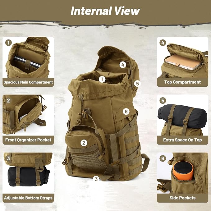 50L Tactical Backpack for Men and Women, Water-Resistant Molle Rucksack - Image 6