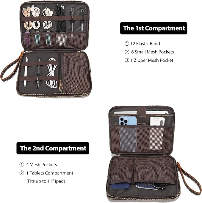LANNSYNE Full Grain Leather Travel Cable Accessories Bag, Electronic Organizer - Image 4