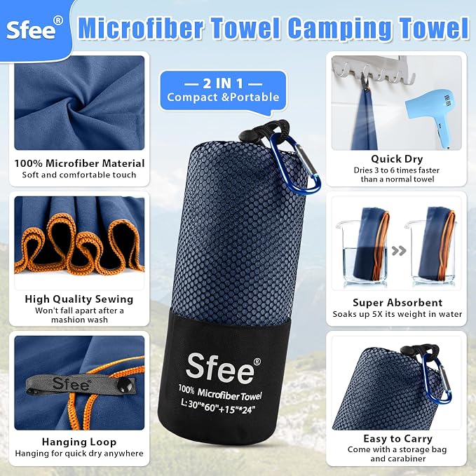 Sfee 2 Pack Microfiber Travel Towel, Quick Dry Towel Camping Towel Beach Towel - Image 2